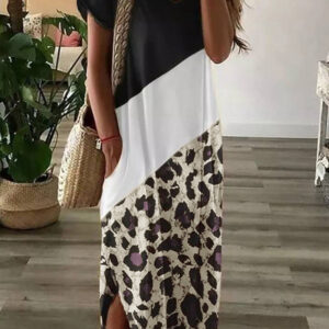 Colour Block Leopard Print T-Shirt Maxi Dress with Side Slit - Image 2