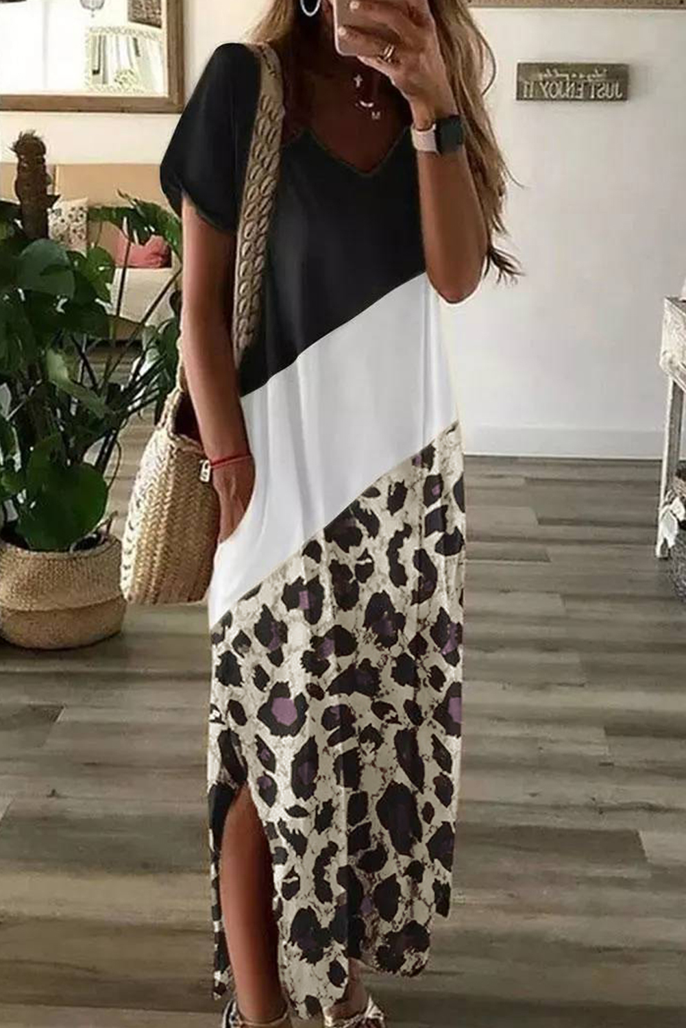 Colour Block Leopard Print T-Shirt Maxi Dress with Side Slit - Image 2
