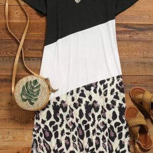 Colour Block Leopard Print T-Shirt Maxi Dress with Side Slit - Image 3