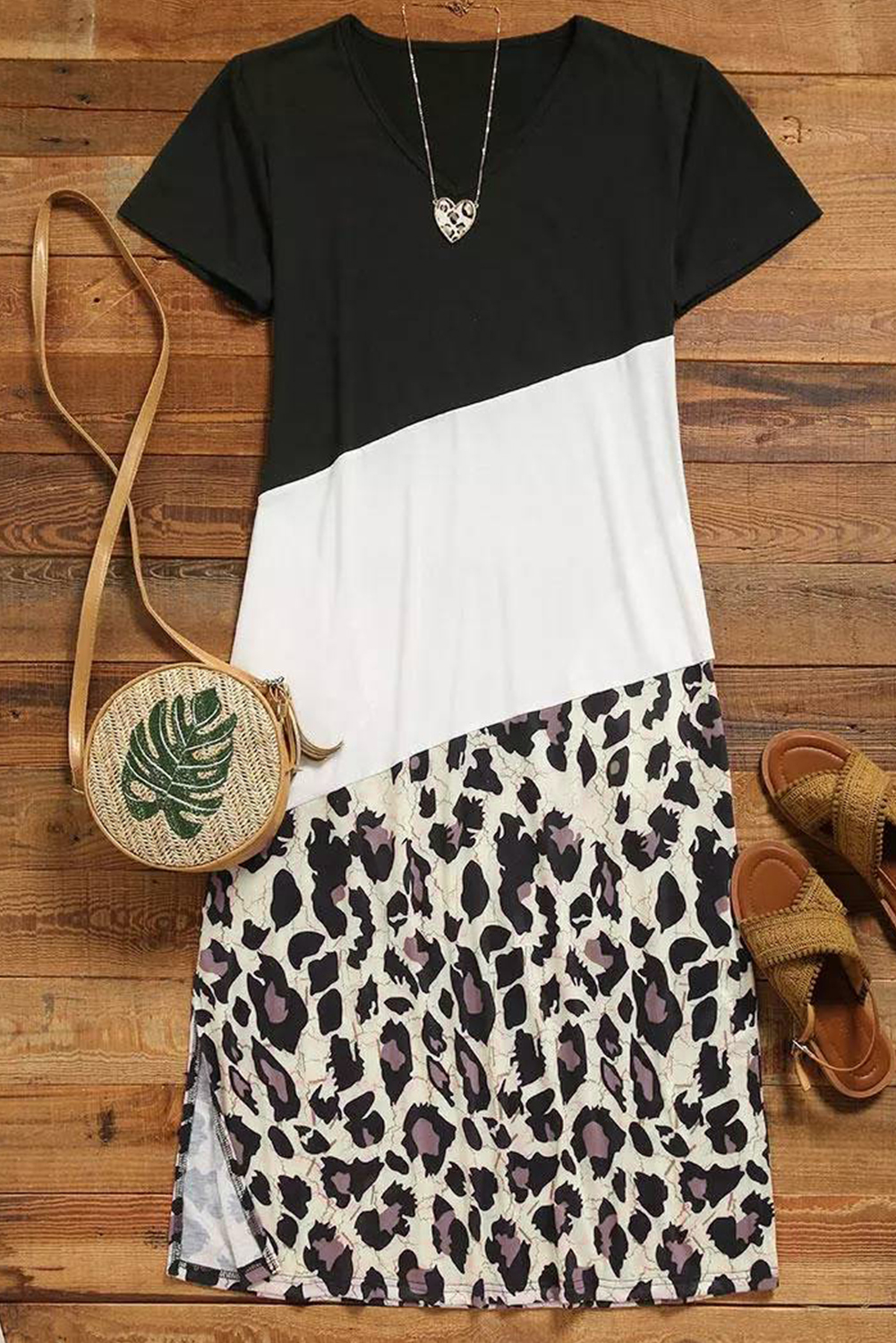 Colour Block Leopard Print T-Shirt Maxi Dress with Side Slit - Image 3