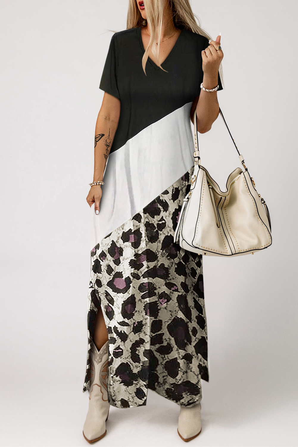 Colour Block Leopard Print T-Shirt Maxi Dress with Side Slit - Image 1