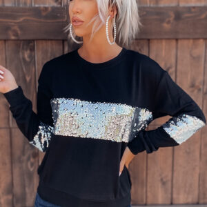 Black and Silver Sequin Patchwork Long Sleeve Sweatshirt - Image 6