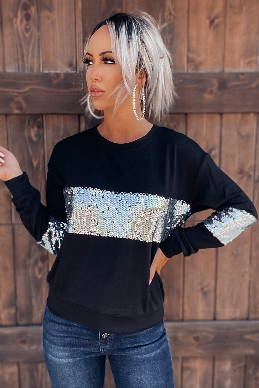 Black and Silver Sequin Patchwork Long Sleeve Sweatshirt - Image 6