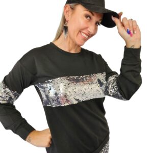 Black and Silver Sequin Patchwork Long Sleeve Sweatshirt - Image 2