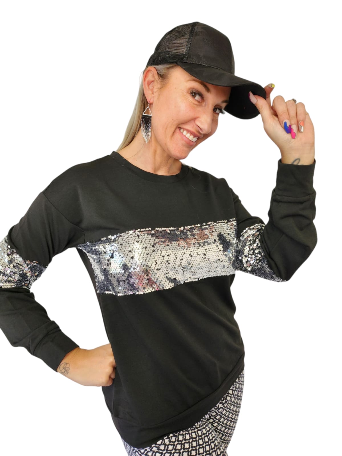 Black and Silver Sequin Patchwork Long Sleeve Sweatshirt - Image 2