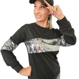 Black and Silver Sequin Patchwork Long Sleeve Sweatshirt - Image 3
