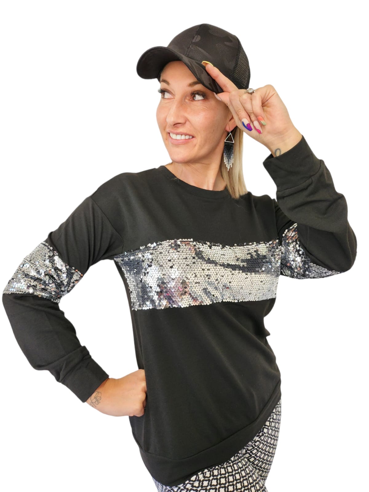 Black and Silver Sequin Patchwork Long Sleeve Sweatshirt - Image 3