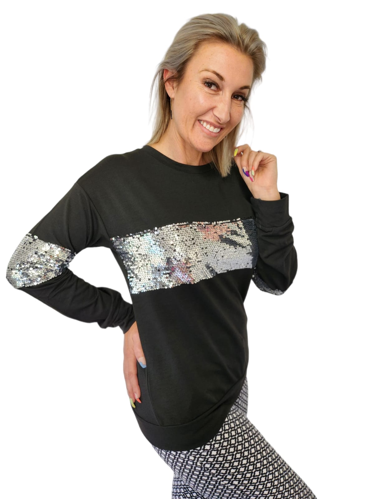 Black and Silver Sequin Patchwork Long Sleeve Sweatshirt - Image 1