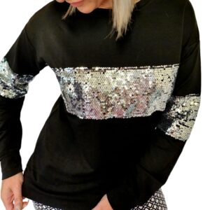 Black and Silver Sequin Patchwork Long Sleeve Sweatshirt - Image 5