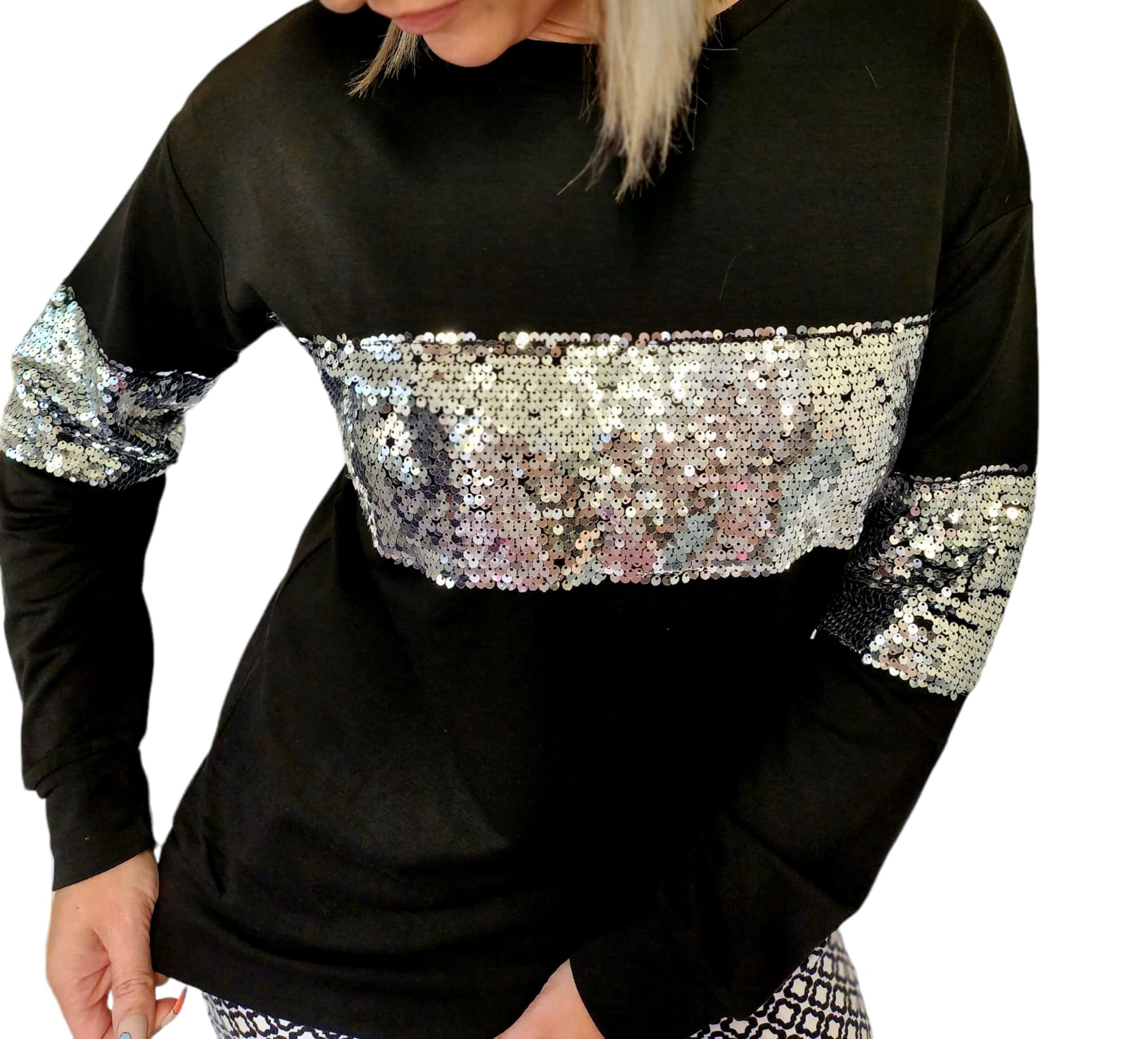 Black and Silver Sequin Patchwork Long Sleeve Sweatshirt - Image 5