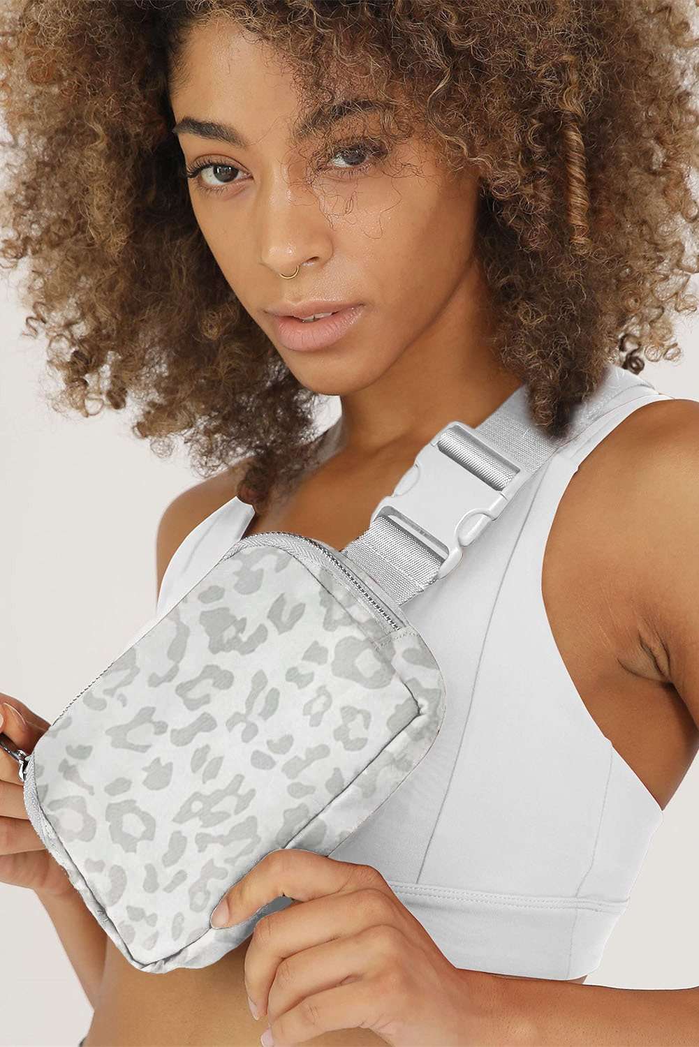 Canvas Leopard Print Buckle Crossbody Bag - Grey and White - Image 1