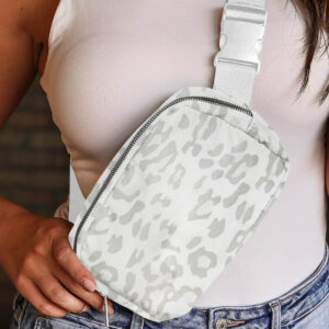 Canvas Leopard Print Buckle Crossbody Bag - Grey and White - Image 5