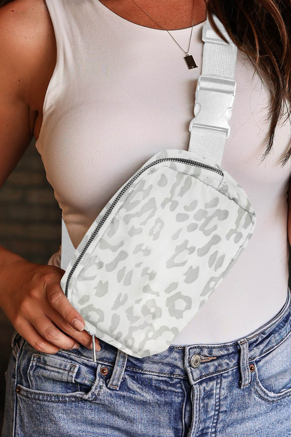 Canvas Leopard Print Buckle Crossbody Bag - Grey and White - Image 5