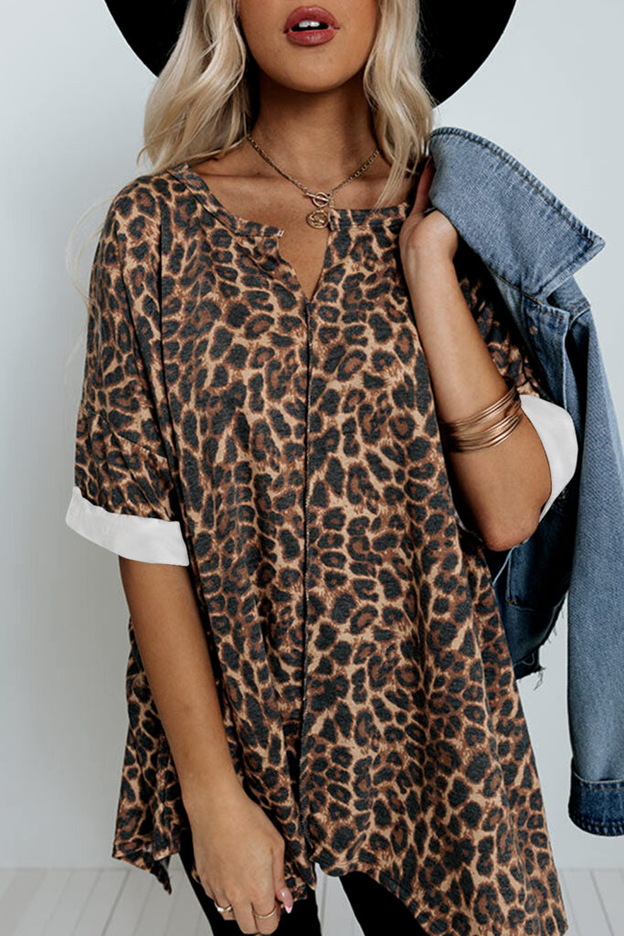 Rolled Cuffs Loose Leopard Top