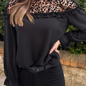Leopard Mesh Ruffle Long Sleeve Blouse