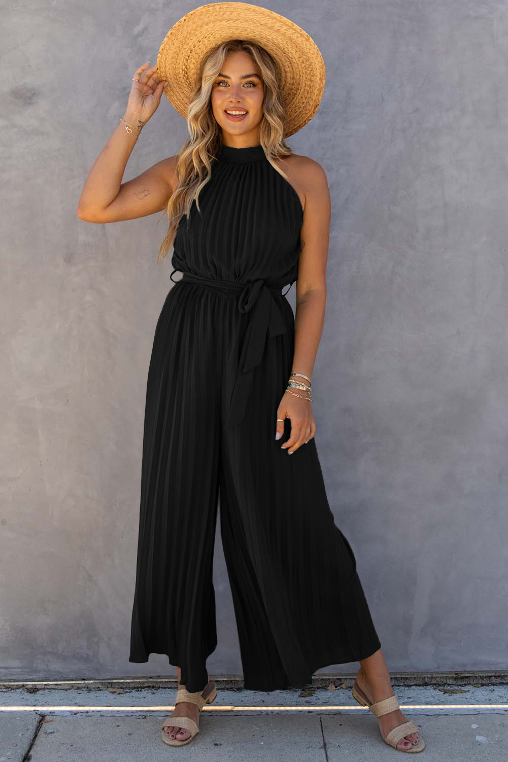 Halter Neck Pleated Wide Leg Jumpsuit with Belt - Image 1