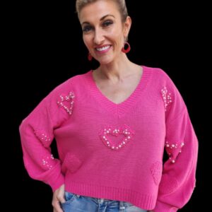 Pink V-Neck Oversized Pearl Detail Sweater