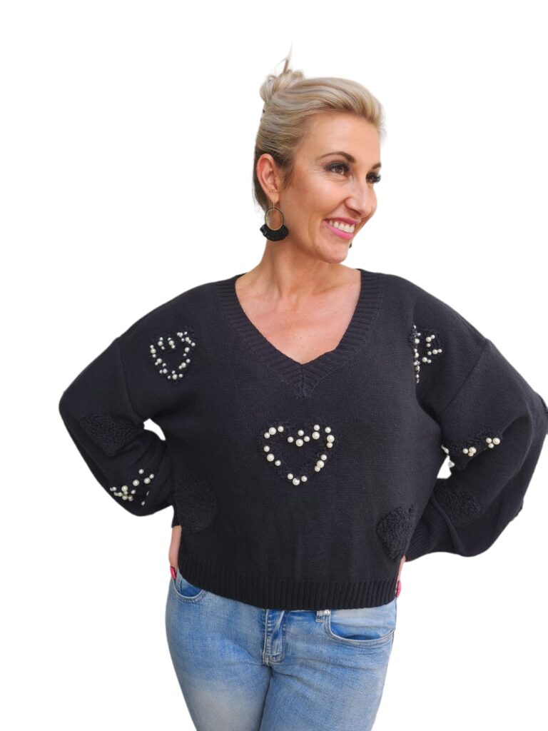 Black V-Neck Oversized Pearl Detail Sweater