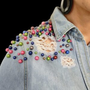 Blue Coloured Pearls Distressed Denim Jacket - Image 2