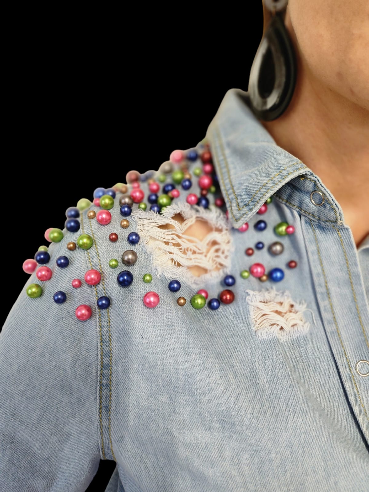 Blue Coloured Pearls Distressed Denim Jacket - Image 2