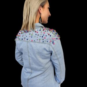 Blue Coloured Pearls Distressed Denim Jacket - Image 3