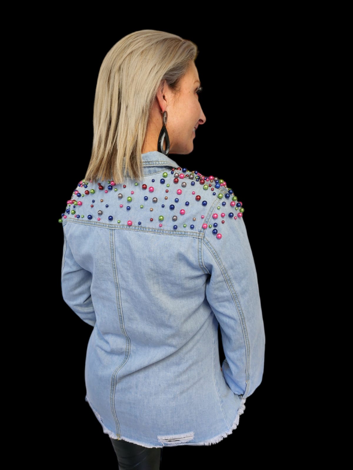 Blue Coloured Pearls Distressed Denim Jacket - Image 3