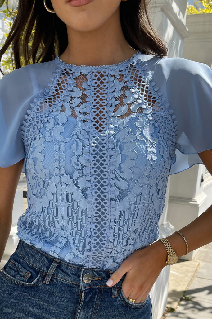Lace Sky Blue Crew Neck Blouse