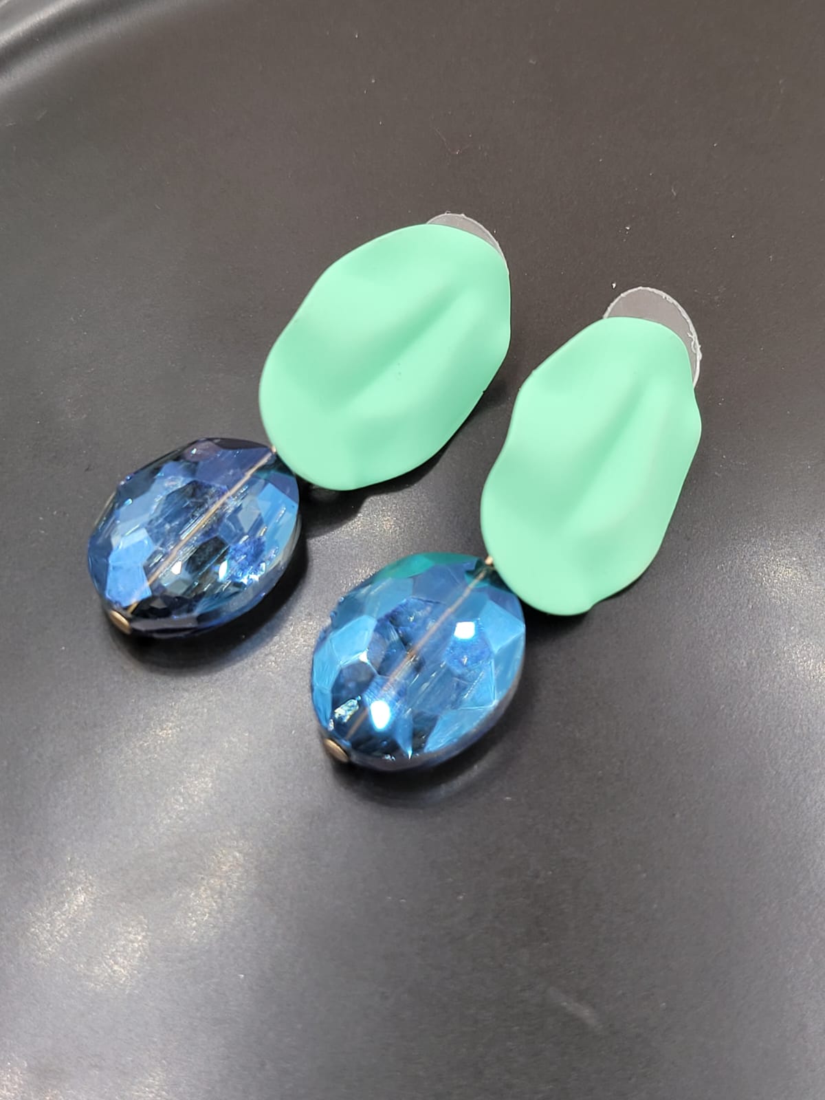 Green Oval with Blue Bead Earrings - Image 1