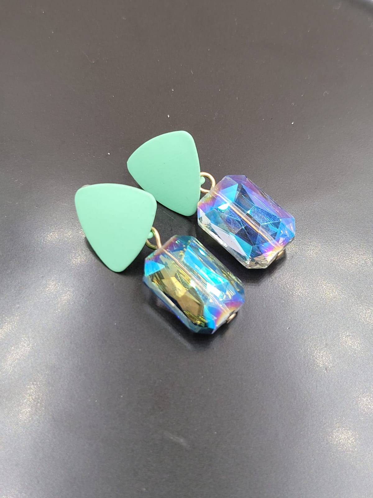 Green Triangle with Added Blue Bead Earrings - Image 1