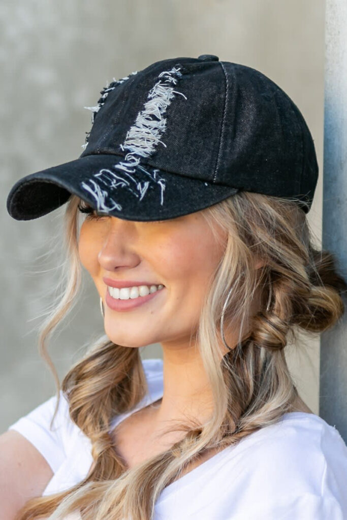 Black Distressed Denim Adjustable Cap PLAIN