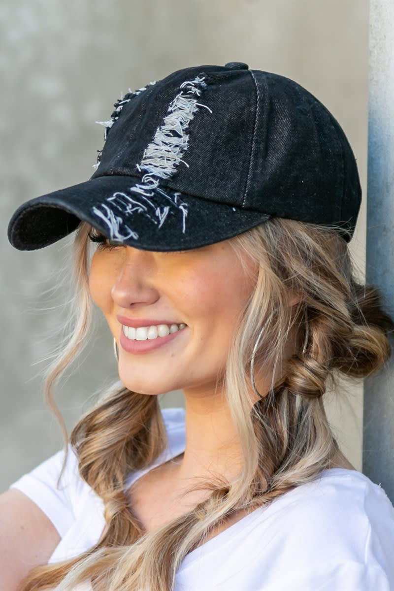 Black Distressed Denim Adjustable Cap PLAIN - Image 1