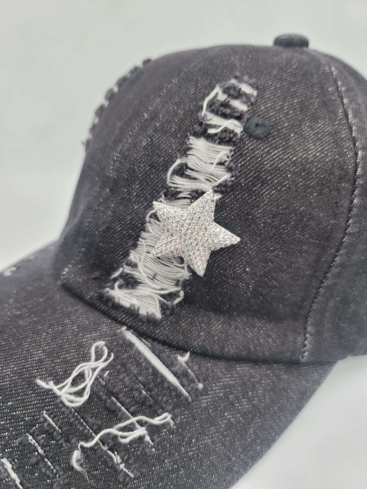 Black Distressed Denim Adjustable Cap with rhinestone star brooch - Image 2