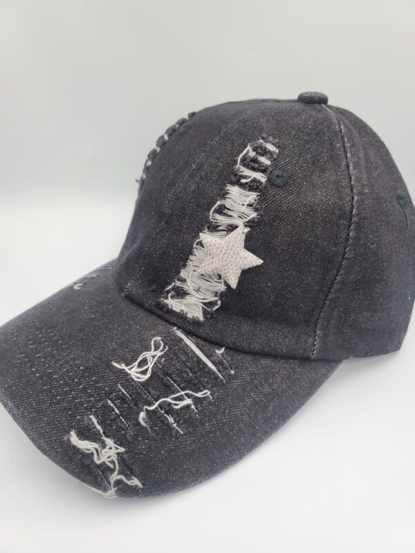 Black Distressed Denim Adjustable Cap with rhinestone star brooch