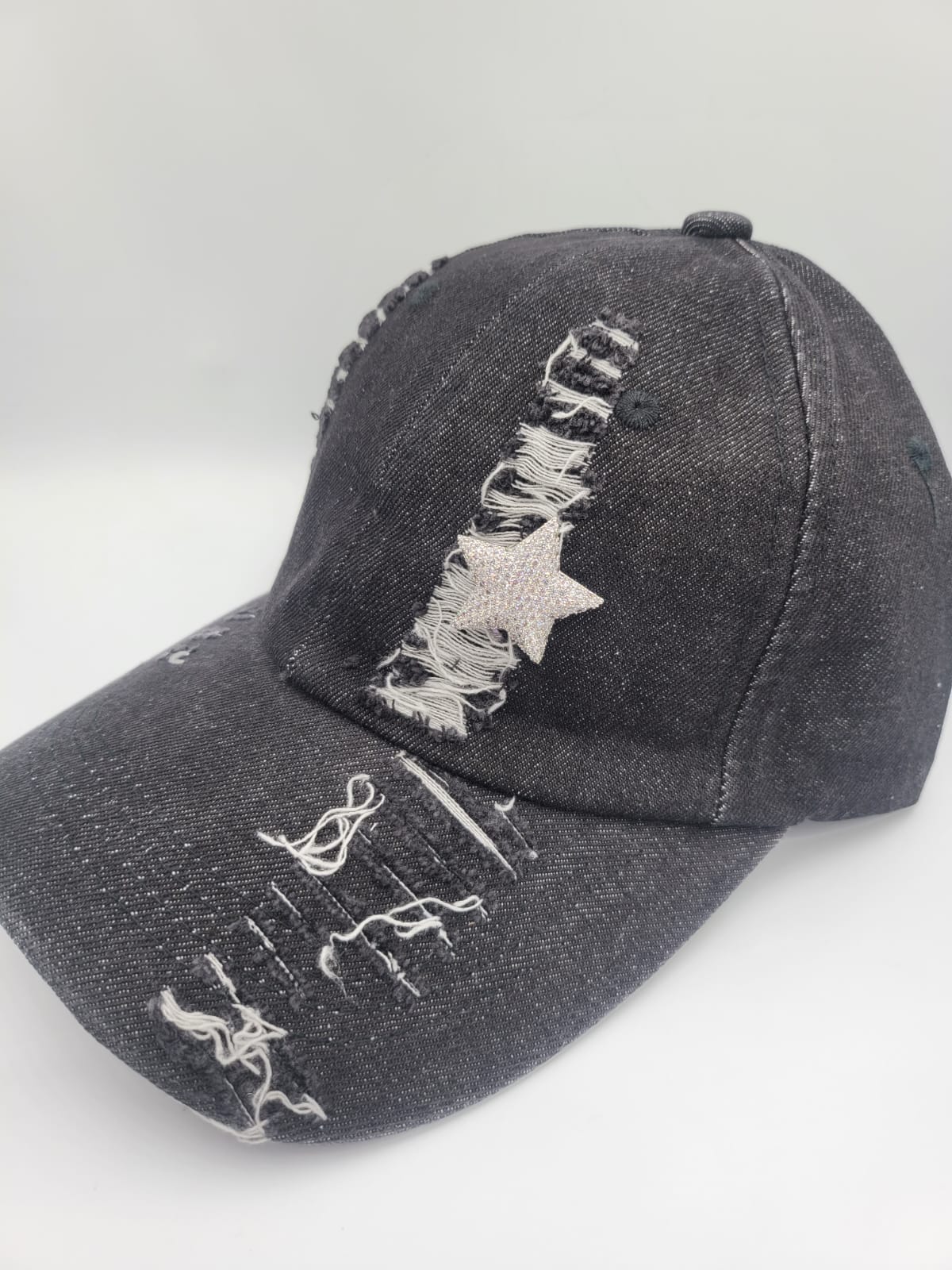 Black Distressed Denim Adjustable Cap with rhinestone star brooch - Image 1
