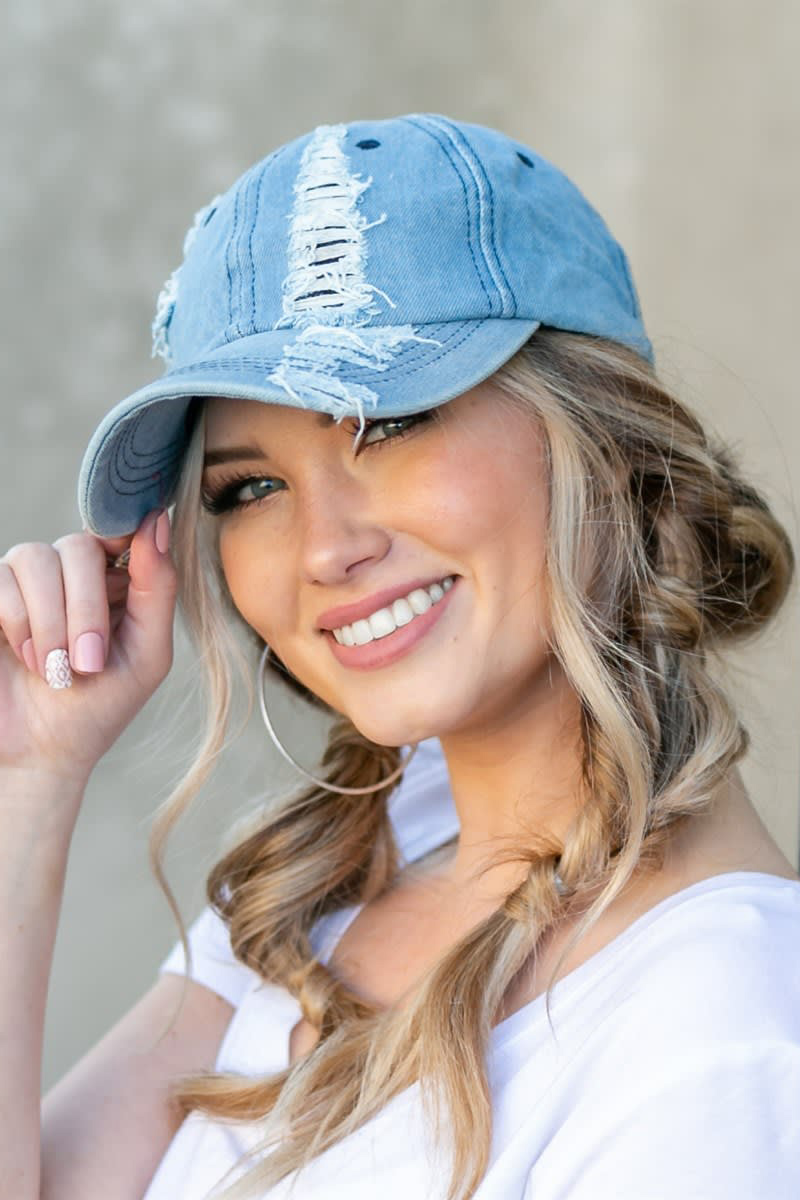 Sky Blue Distressed Denim Adjustable Cap PLAIN - Image 2