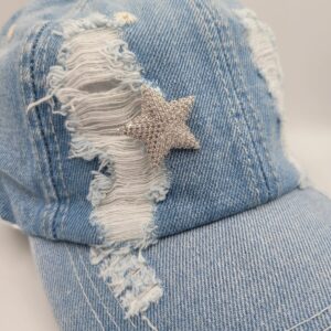 Sky Blue Distressed Denim Adjustable Cap with rhinestone star brooch - Image 2