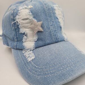 Sky Blue Distressed Denim Adjustable Cap with rhinestone star brooch - Image 1