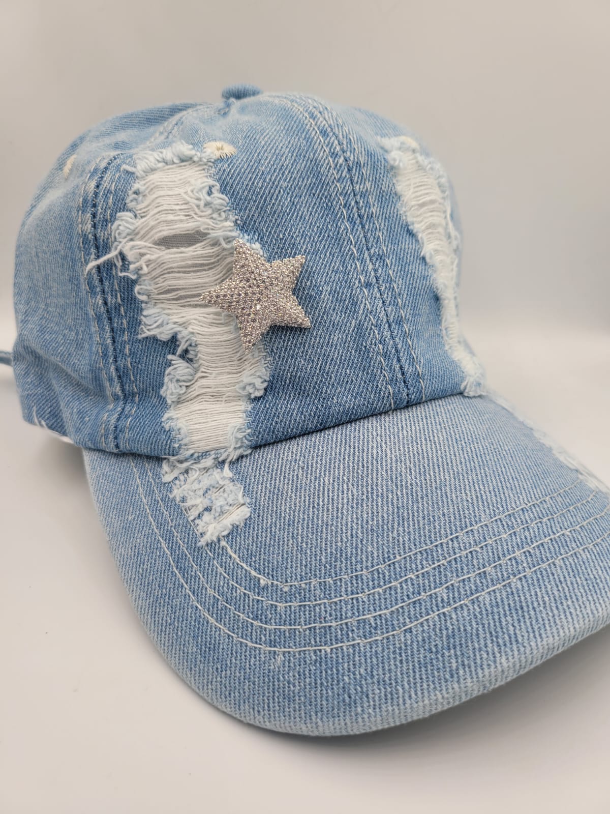 Sky Blue Distressed Denim Adjustable Cap with rhinestone star brooch - Image 1