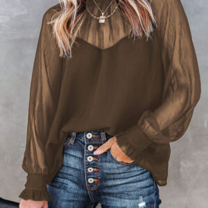 Brown Sheer Ruffled Puff Sleeve Blouse