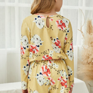 Yellow Little Girls Floral Long Sleeve Romper - Image 3