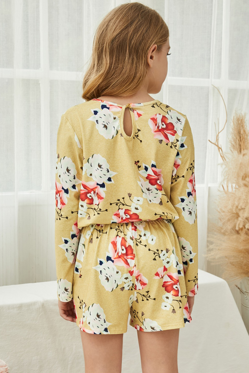 Yellow Little Girls Floral Long Sleeve Romper - Image 3