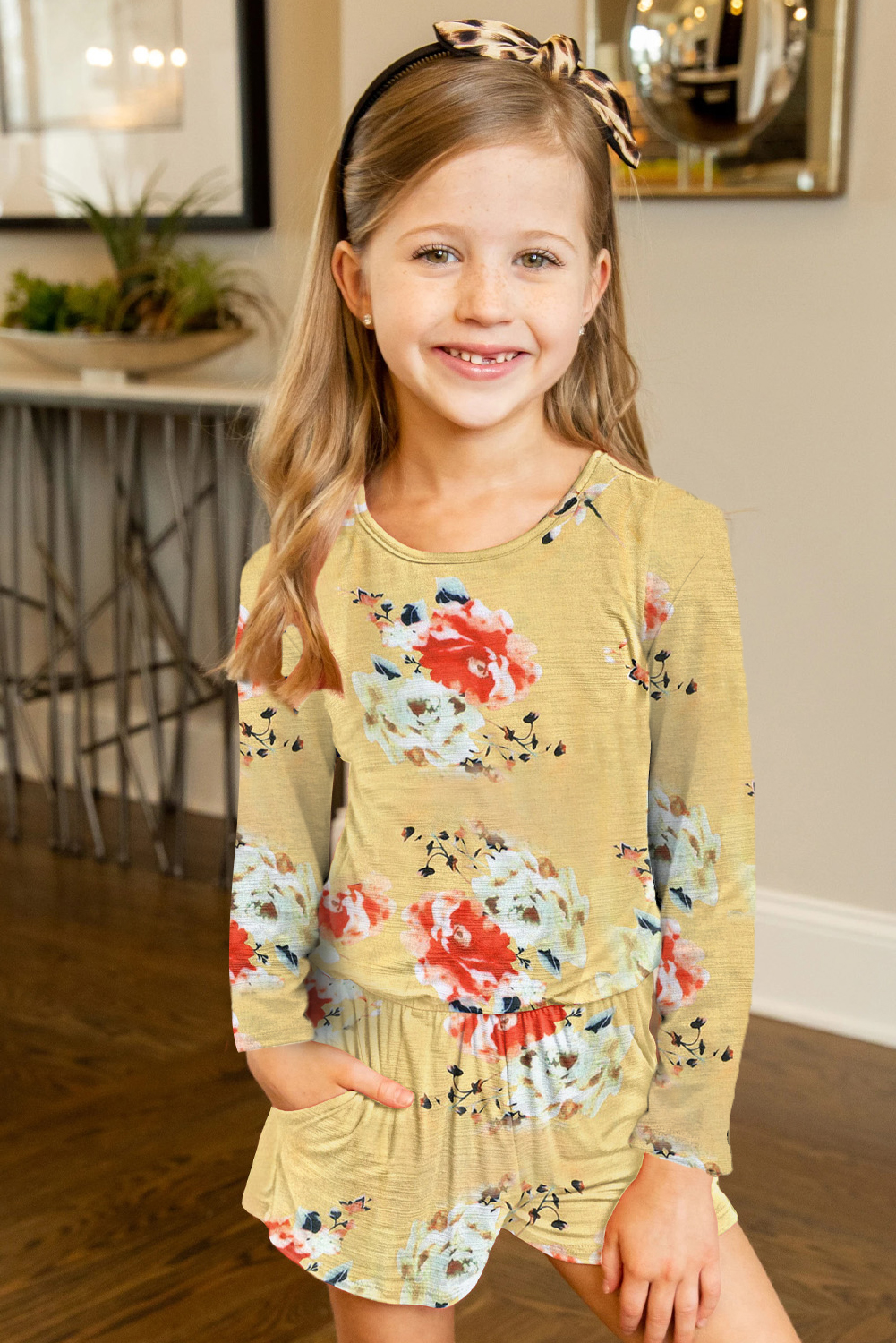 Yellow Little Girls Floral Long Sleeve Romper - Image 2
