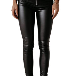 Black Solid Skinny Zipper PU Pants