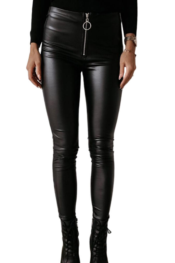 Black Solid Skinny Zipper PU Pants