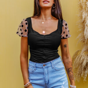 Black Backless Polka Dot Puff Sleeve Bodysuit