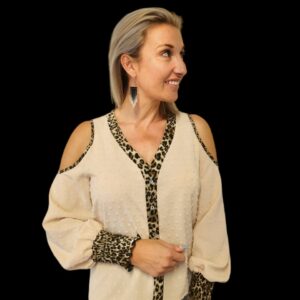 Cream and Leopard Bandeau Cuff Blouse