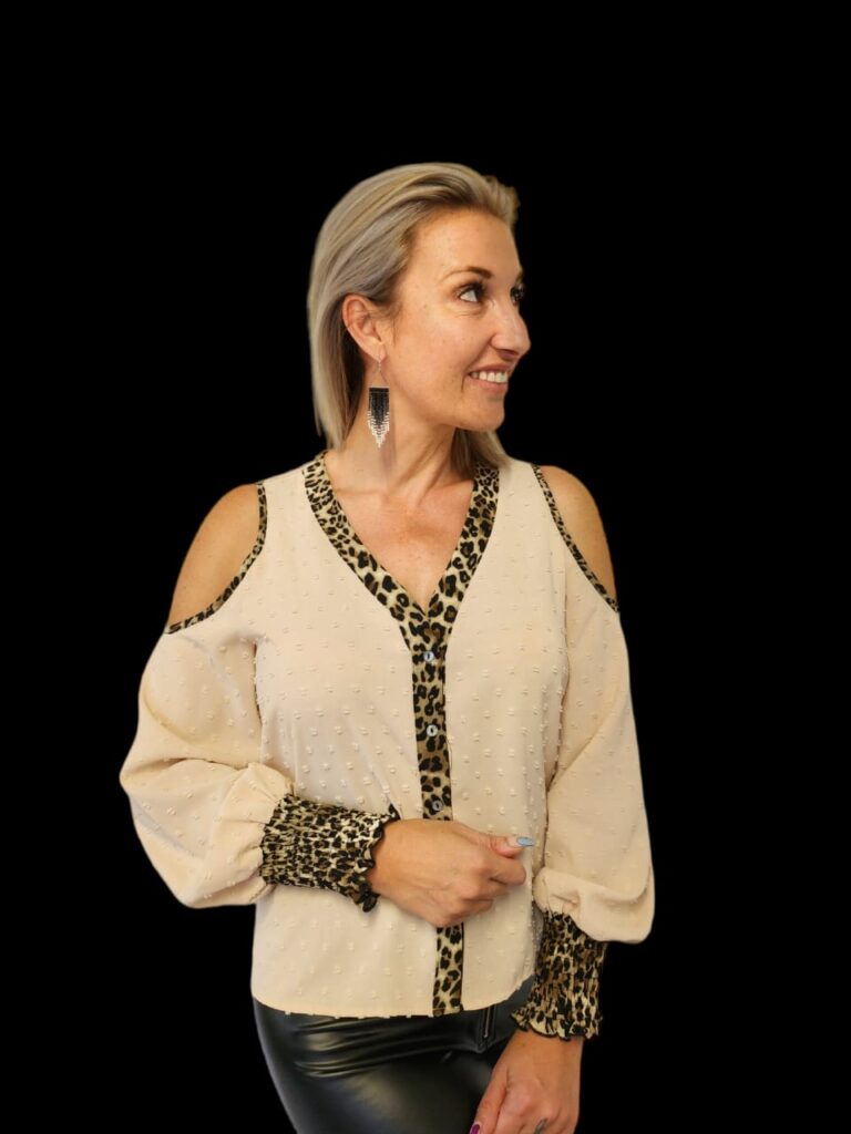 Cream and Leopard Bandeau Cuff Blouse