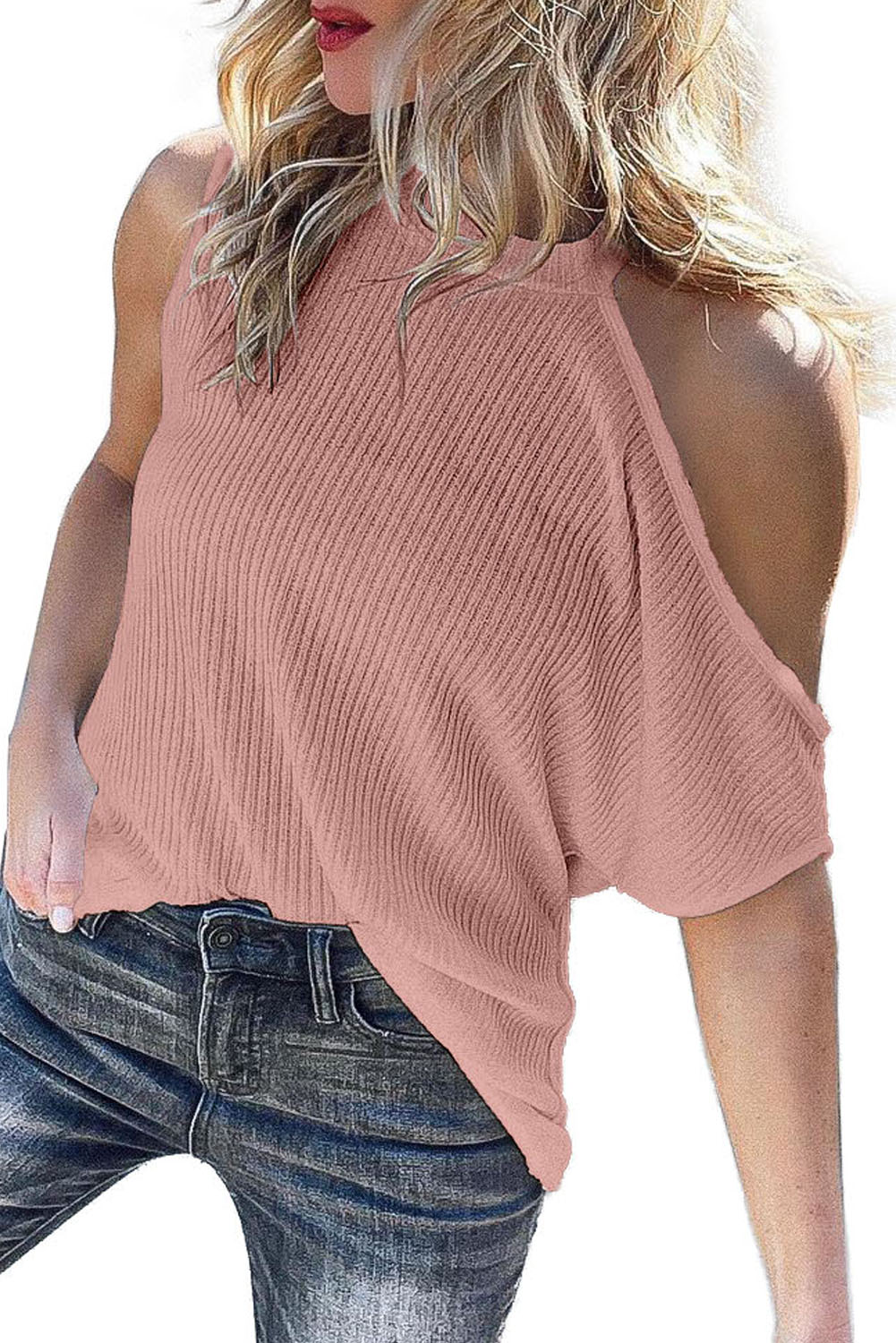 Pink Ribbed Cold Shoulder Knit Top - Image 1