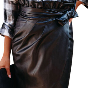 Black Faux Leather Wrap Skirt