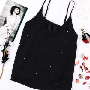 Black with Pearls V Neck Spaghetti Strap Tank Top